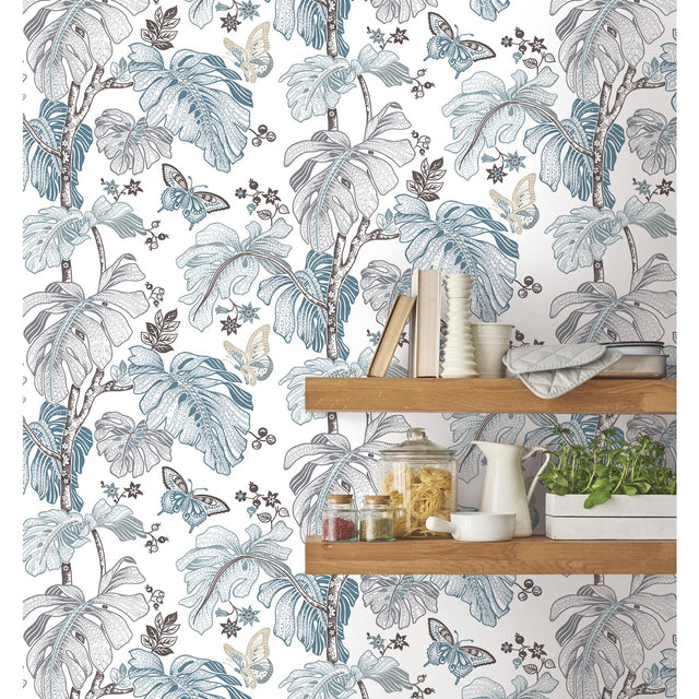 Boho Palm Blue Peel & Stick Wallpaper with Botanical Leaves Motif - York RMK11584RL