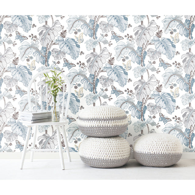 Boho Palm Blue Peel & Stick Wallpaper with Botanical Leaves Motif - York RMK11584RL