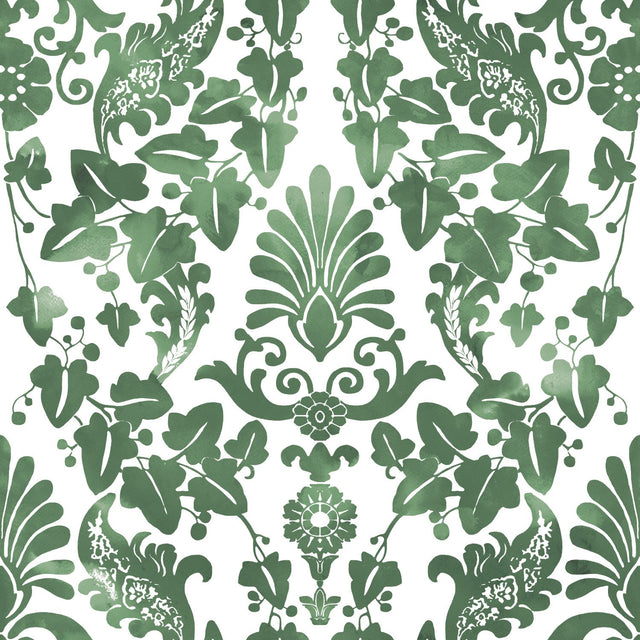 Vine Damask Green Peel & Stick Wallpaper with Botanical Traditional Motif - York RMK11596RL