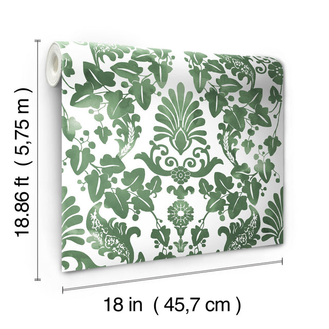 Vine Damask Green Peel & Stick Wallpaper with Botanical Traditional Motif - York RMK11596RL