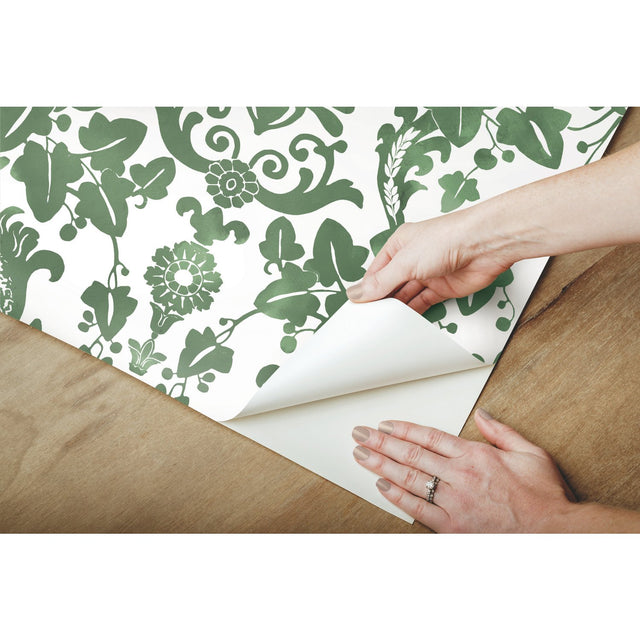 Vine Damask Green Peel & Stick Wallpaper with Botanical Traditional Motif - York RMK11596RL