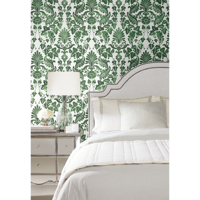 Vine Damask Green Peel & Stick Wallpaper with Botanical Traditional Motif - York RMK11596RL