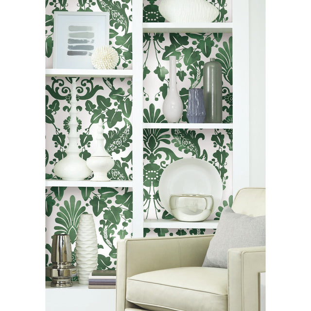 Vine Damask Green Peel & Stick Wallpaper with Botanical Traditional Motif - York RMK11596RL