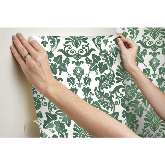 Vine Damask Green Peel & Stick Wallpaper with Botanical Traditional Motif - York RMK11596RL