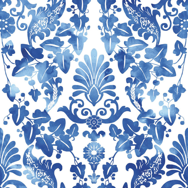 Vine Damask Blue Peel & Stick Wallpaper with Botanical Damask Pattern, Traditional Style - York RMK11597RL