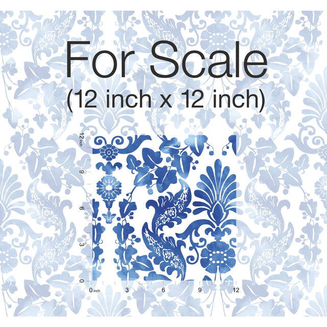 Vine Damask Blue Peel & Stick Wallpaper with Botanical Damask Pattern, Traditional Style - York RMK11597RL