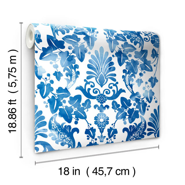 Vine Damask Blue Peel & Stick Wallpaper with Botanical Damask Pattern, Traditional Style - York RMK11597RL