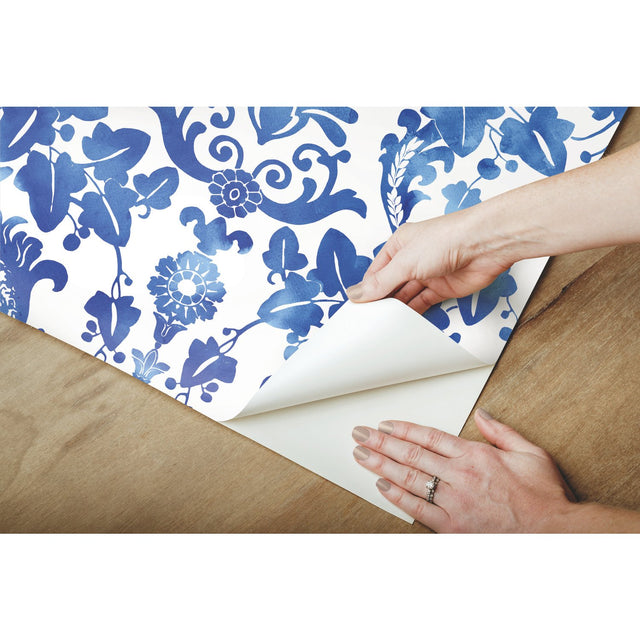 Vine Damask Blue Peel & Stick Wallpaper with Botanical Damask Pattern, Traditional Style - York RMK11597RL
