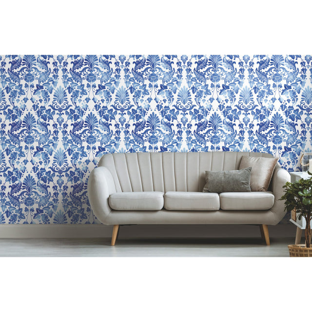 Vine Damask Blue Peel & Stick Wallpaper with Botanical Damask Pattern, Traditional Style - York RMK11597RL