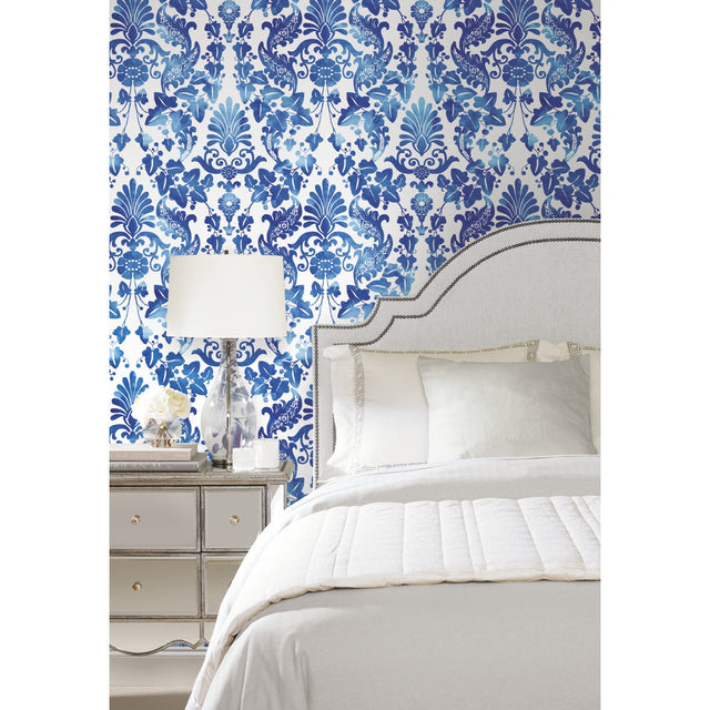 Vine Damask Blue Peel & Stick Wallpaper with Botanical Damask Pattern, Traditional Style - York RMK11597RL
