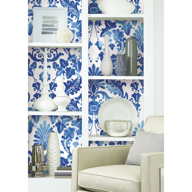 Vine Damask Blue Peel & Stick Wallpaper with Botanical Damask Pattern, Traditional Style - York RMK11597RL