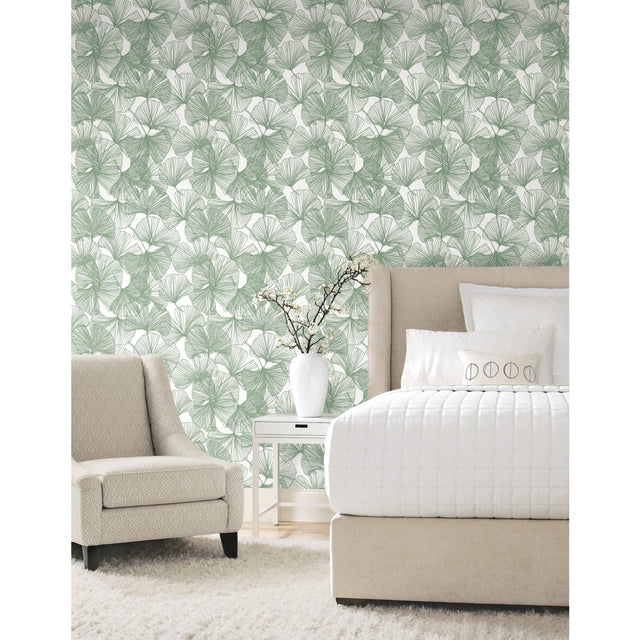 Ginkgo Leaves Green Peel & Stick Wallpaper with Modern Botanical Leaf Pattern - York RMK11603WP