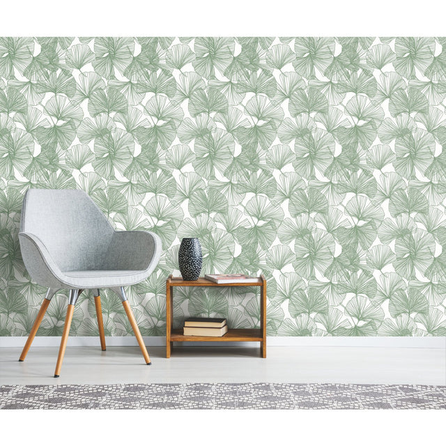 Ginkgo Leaves Green Peel & Stick Wallpaper with Modern Botanical Leaf Pattern - York RMK11603WP