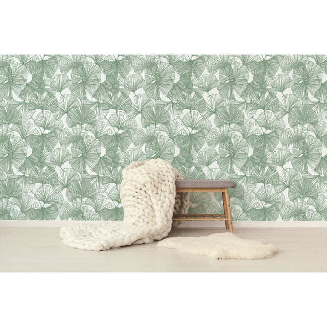 Ginkgo Leaves Green Peel & Stick Wallpaper with Modern Botanical Leaf Pattern - York RMK11603WP