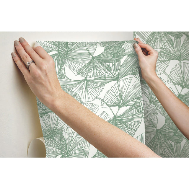 Ginkgo Leaves Green Peel & Stick Wallpaper with Modern Botanical Leaf Pattern - York RMK11603WP