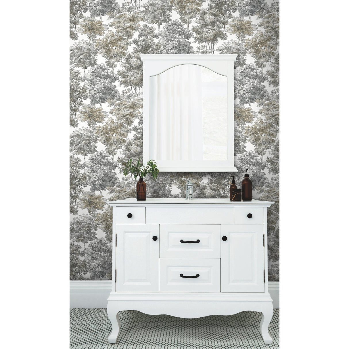 Old World Trees Grey Peel & Stick Wallpaper with Vintage Botanical Trees Pattern - York RMK11614WP