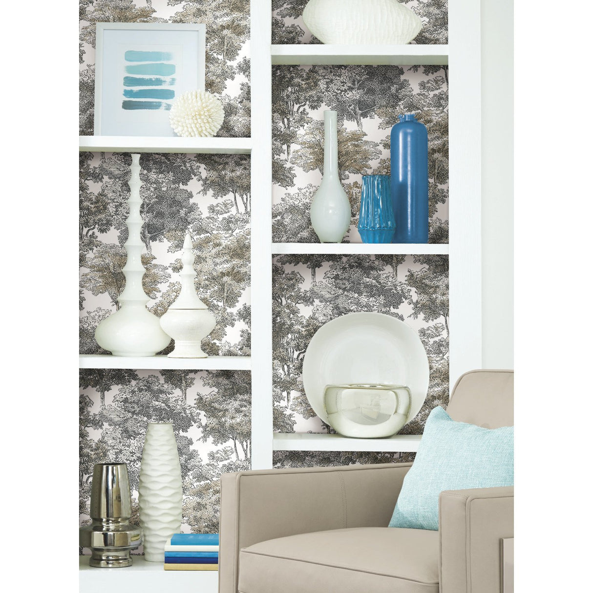 Old World Trees Grey Peel & Stick Wallpaper with Vintage Botanical Trees Pattern - York RMK11614WP