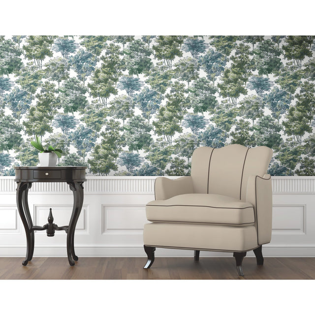 Old World Trees Green Peel & Stick Wallpaper with Vintage Botanical Trees Pattern - York RMK11615WP