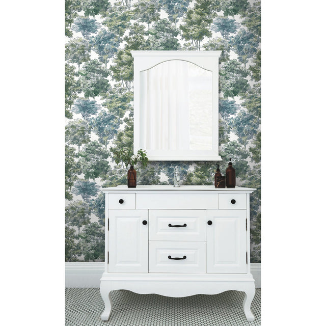 Old World Trees Green Peel & Stick Wallpaper with Vintage Botanical Trees Pattern - York RMK11615WP