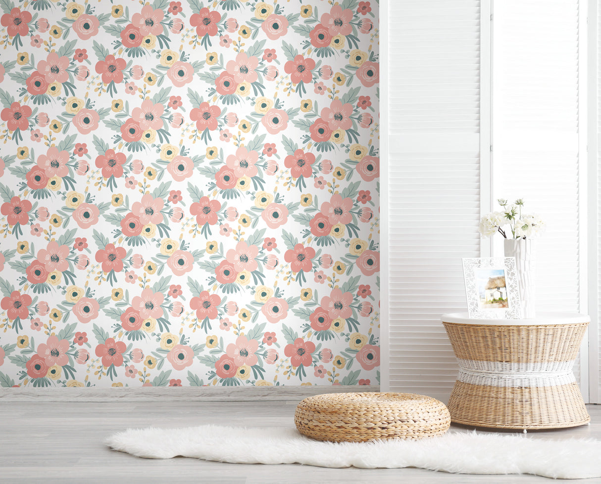 Poppy Floral Pink by RoomMates Modern Botanical Peel and Stick Wallpaper 18 In x 18.86 Ft Covers About 28.3 Square Feet - RMK11624RL