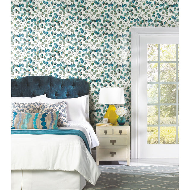 Cat Coquillette Eucalyptus Teal Peel & Stick Wallpaper with Botanical Leaves Motif - York RMK11628WP