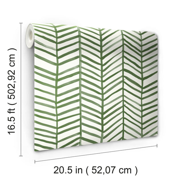 Cat Coquillette Herringbone Green Peel & Stick Wallpaper with Hand-Painted Herringbone Motif - York RMK11632WP