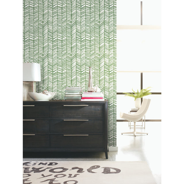 Cat Coquillette Herringbone Green Peel & Stick Wallpaper with Hand-Painted Herringbone Motif - York RMK11632WP
