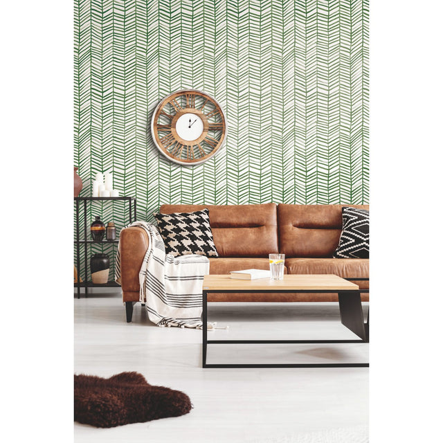 Cat Coquillette Herringbone Green Peel & Stick Wallpaper with Hand-Painted Herringbone Motif - York RMK11632WP