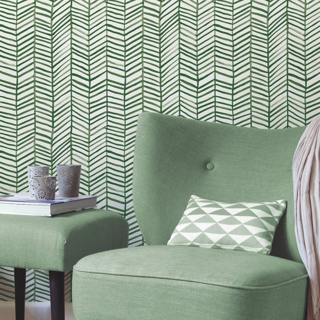 Cat Coquillette Herringbone Green Peel & Stick Wallpaper with Hand-Painted Herringbone Motif - York RMK11632WP