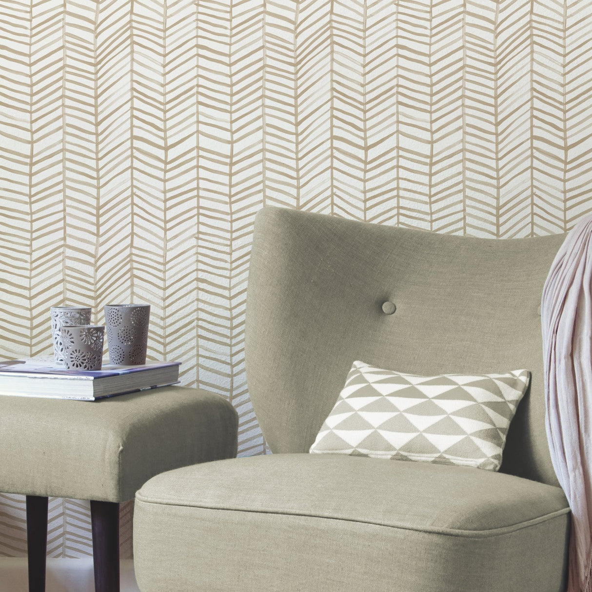 Cat Coquillette Herringbone Tan Peel & Stick Wallpaper with Global Herringbone Pattern, Traditional Style - York RMK11634WP