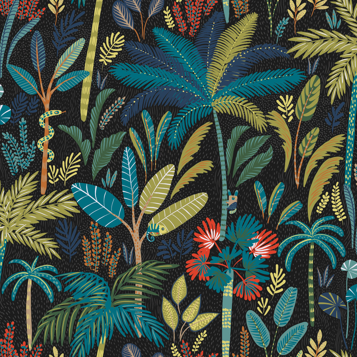 Tropical Eden Blue Peel and Stick Wallpaper by RoomMates RMK11642RL - Dark botanical tropical jungle pattern with palm trees and lush foliage on a deep navy background