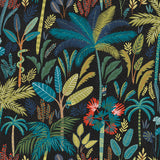 Tropical Eden Blue Peel and Stick Wallpaper by RoomMates RMK11642RL - Dark botanical tropical jungle pattern with palm trees and lush foliage on a deep navy background