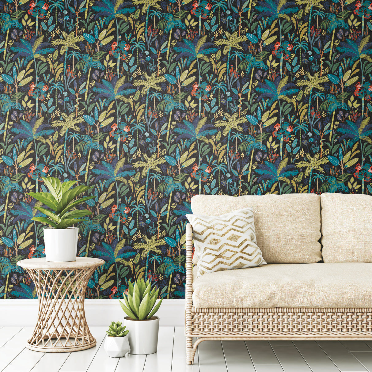 Tropical Eden Blue Peel and Stick Wallpaper by RoomMates - Dark Botanical Tropical Jungle Vinyl Removable Wallpaper Roll RMK11642RL