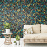 Tropical Eden Blue Peel and Stick Wallpaper by RoomMates - Dark Botanical Tropical Jungle Vinyl Removable Wallpaper Roll RMK11642RL