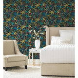 Tropical Eden Blue Peel and Stick Wallpaper by RoomMates - Dark Botanical Tropical Jungle Vinyl Removable Wallpaper Roll RMK11642RL
