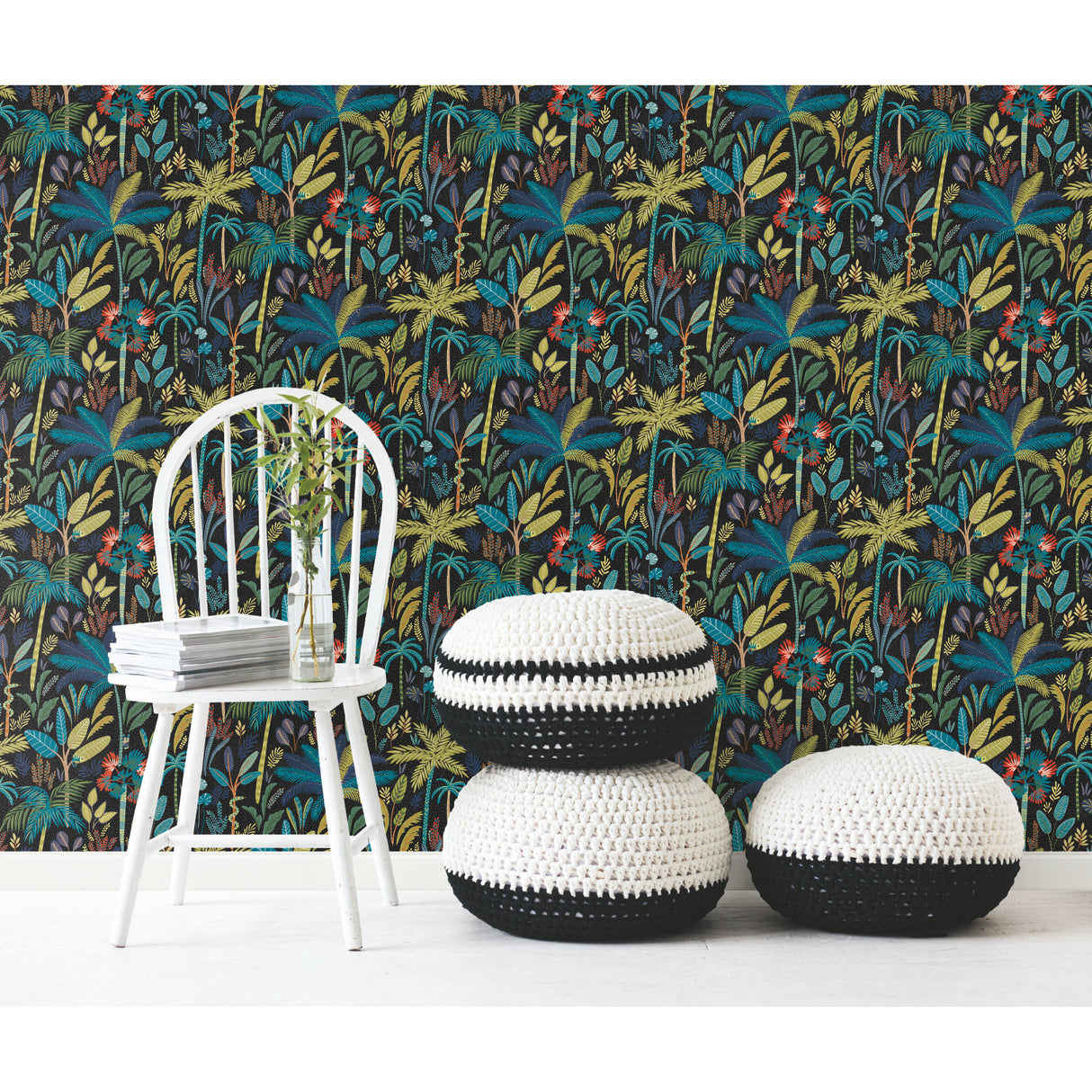 Tropical Eden Blue Peel and Stick Wallpaper by RoomMates - Dark Botanical Tropical Jungle Vinyl Removable Wallpaper Roll RMK11642RL