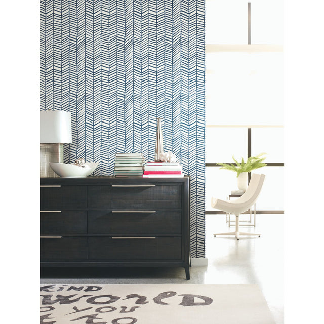 Cat Coquillette Herringbone Navy Peel & Stick Wallpaper with Hand-Painted Geometric Herringbone Pattern - York RMK11646WP