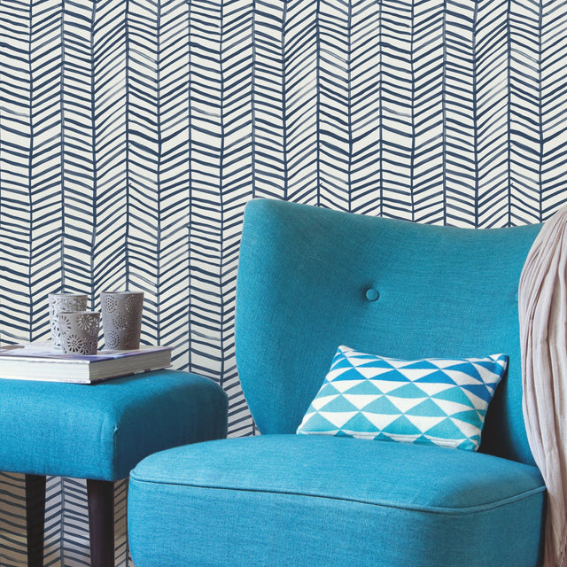 Cat Coquillette Herringbone Navy Peel & Stick Wallpaper with Hand-Painted Geometric Herringbone Pattern - York RMK11646WP