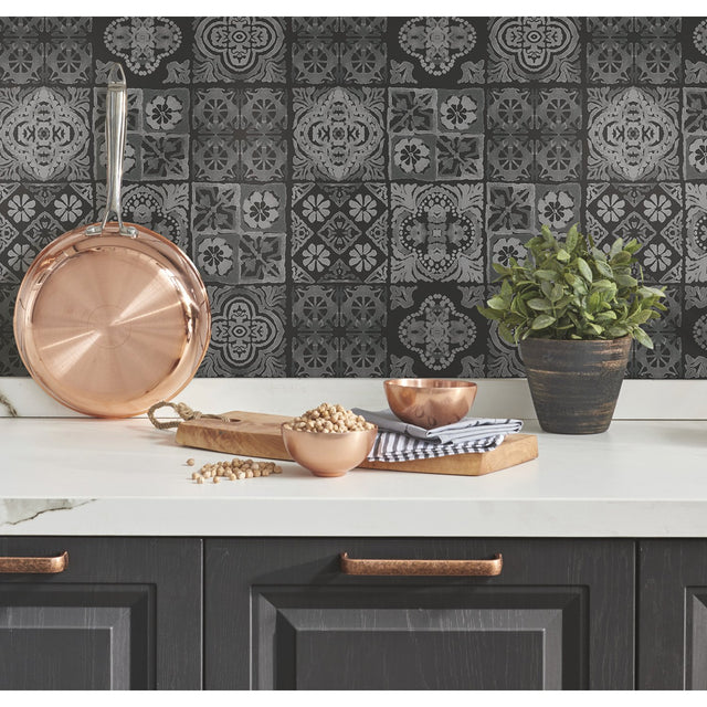 Marrakesh Tile Grey Peel & Stick Wallpaper with Global Modern Tile Pattern - York RMK11648WP