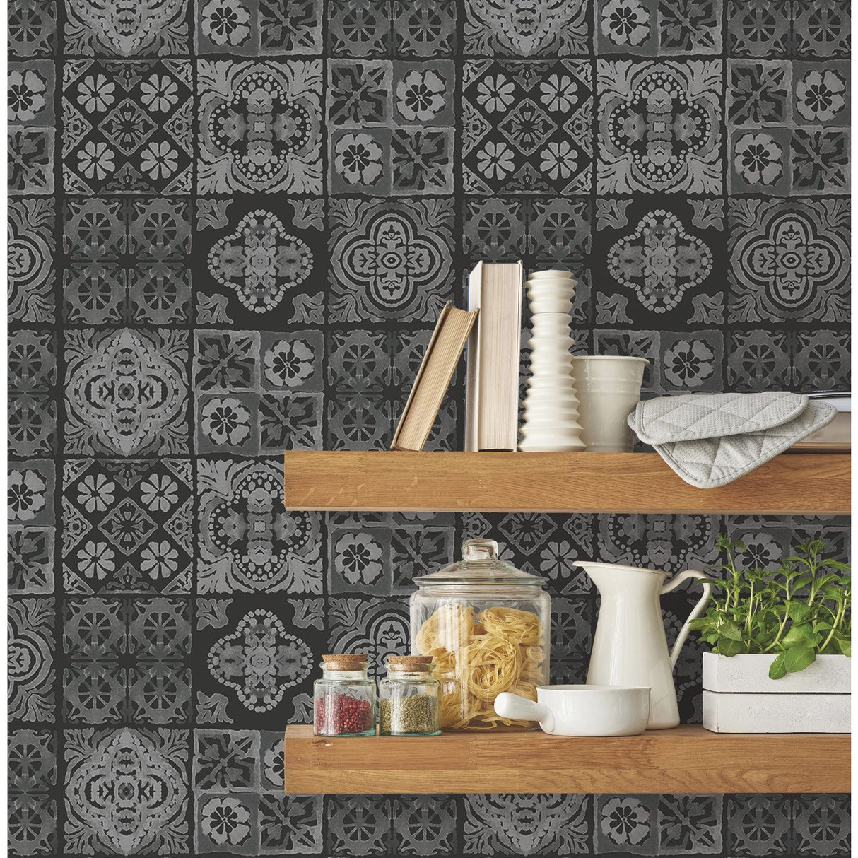 Marrakesh Tile Grey Peel & Stick Wallpaper with Global Modern Tile Pattern - York RMK11648WP