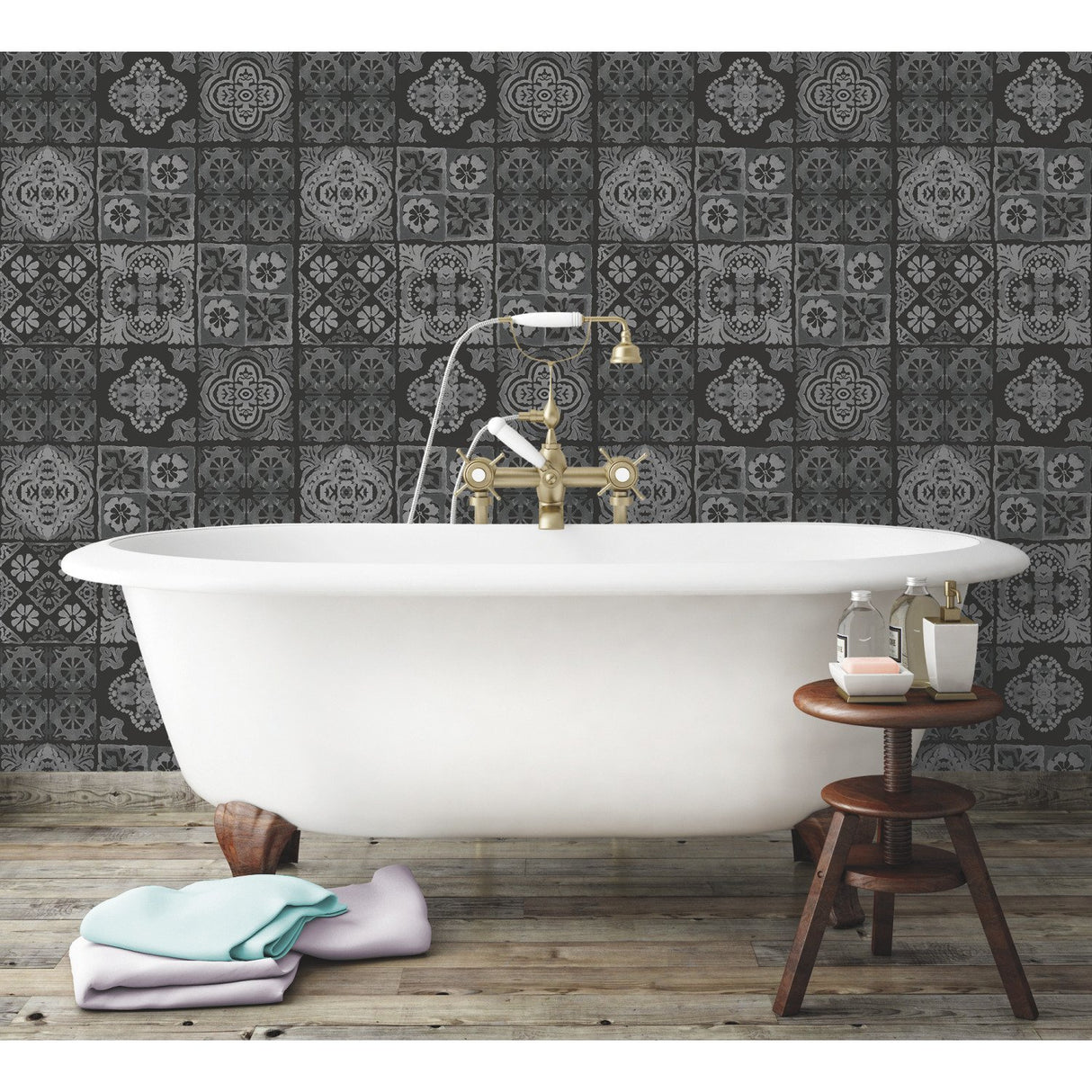 Marrakesh Tile Grey Peel & Stick Wallpaper with Global Modern Tile Pattern - York RMK11648WP