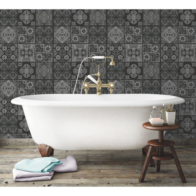 Marrakesh Tile Grey Peel & Stick Wallpaper with Global Modern Tile Pattern - York RMK11648WP