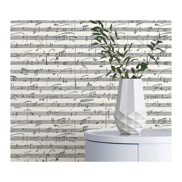 Melody Black Peel & Stick Wallpaper with Metallic Accents and Music Notation Novelty Pattern - York RMK11651WP