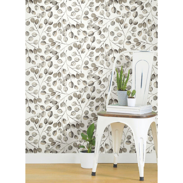 Cat Coquillette Eucalyptus Grey Peel & Stick Wallpaper with Botanical Leaves Pattern, Modern Style - York RMK11653WP