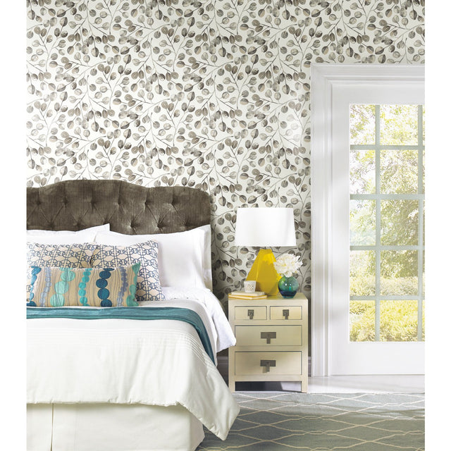 Cat Coquillette Eucalyptus Grey Peel & Stick Wallpaper with Botanical Leaves Pattern, Modern Style - York RMK11653WP
