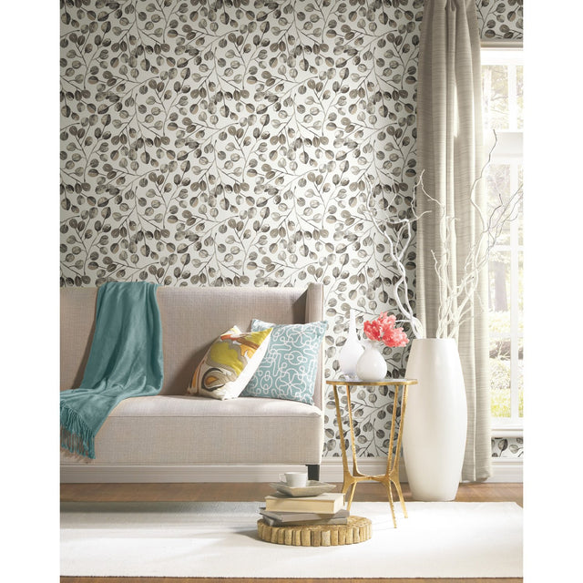 Cat Coquillette Eucalyptus Grey Peel & Stick Wallpaper with Botanical Leaves Pattern, Modern Style - York RMK11653WP