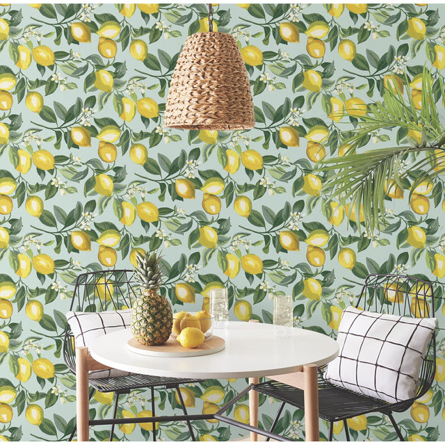 Lemon Zest Yellow Peel & Stick Wallpaper with Fruit Botanical Pattern, Kitchen & Bath Style - York RMK11656WP