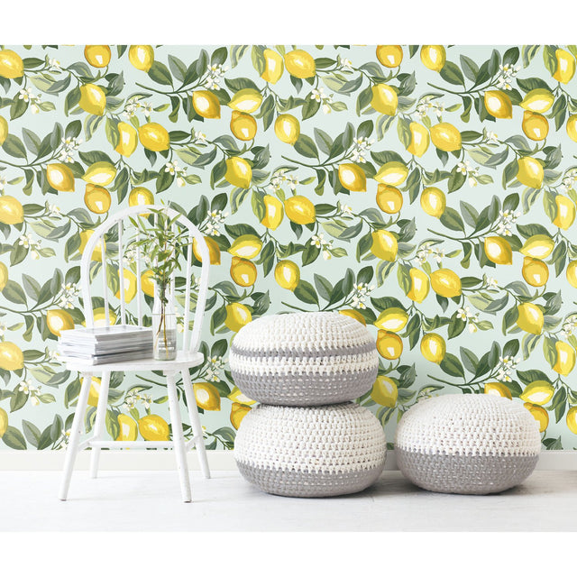 Lemon Zest Yellow Peel & Stick Wallpaper with Fruit Botanical Pattern, Kitchen & Bath Style - York RMK11656WP
