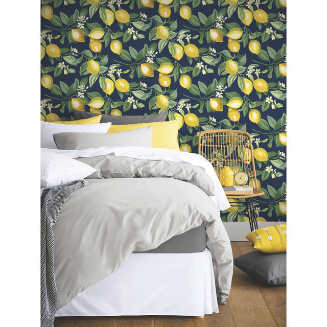 Lemon Zest Yellow and Navy Peel & Stick Wallpaper with Fruit Botanical Pattern, Kitchen & Bath - York RMK11657WP