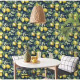 Lemon Zest Yellow and Navy Peel & Stick Wallpaper with Fruit Botanical Pattern, Kitchen & Bath - York RMK11657WP
